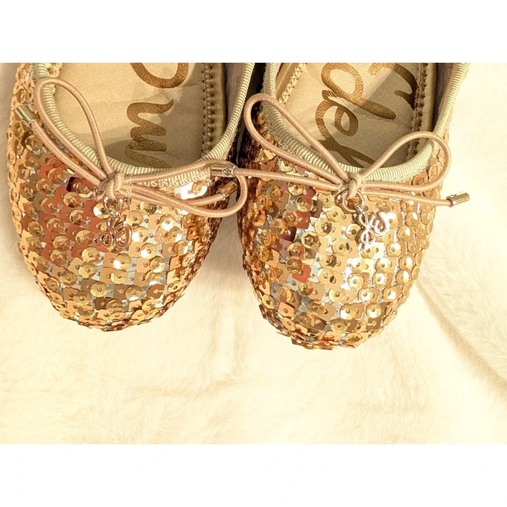 Sam Edelman Gold Sequin Ballet Flats Embellished Bow Sparkle Party Shoes Girls 2